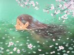  1girl aqua_background brown_hair cherry_blossoms falling_petals flower flower_on_liquid green_eyes heikala highres long_hair original outdoors painting_(medium) partially_submerged petals pink_flower pink_petals pointy_ears swimming traditional_media water watercolor_(medium) 