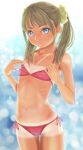  1girl bikini blue_eyes blurry commentary_request depth_of_field expressionless flat_chest highres light_brown_hair looking_at_viewer navel original red_bikini side-tie_bikini_bottom solo swimsuit tan tanlines twintails uzuki_mei 