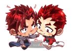  2boys akashi_(alter)_(live_a_hero) akashi_(live_a_hero) bug butterfly cheek-to-cheek chibi dual_persona facial_hair full_body goatee grin heads_together highres kizami_nori_to_yamaimo live_a_hero long_sideburns male_focus multiple_boys red_eyes red_hair scar scar_on_face scar_on_nose short_hair shout_lines sideburns sideways_mouth smile thick_eyebrows v-shaped_eyebrows 