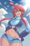  1girl :d absurdres blue_eyes blue_gloves blue_jacket blue_shorts breasts cloud cowboy_shot crop_top flower gloves hair_flower hair_ornament hands_on_own_hips high_side_ponytail highres jacket large_breasts light_rays looking_at_viewer midriff mrrollingcircle navel pokemon pokemon_bw red_hair short_hair_with_long_locks short_shorts shorts sidelocks sky skyla_(pokemon) smile solo stomach teeth thick_thighs thighs turtleneck upper_teeth_only wide_hips 
