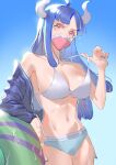  1girl bikini blue_hair breasts commentary covered_mouth curled_horns dinosaur_girl horns long_hair mask mouth_mask multicolored_hair nail_polish one_piece pink_eyes pink_hair pink_mask raine_(acke2445) solo swimsuit symbol-only_commentary ulti_(one_piece) 