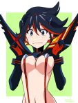  1girl black_hair blue_eyes breasts cleavage closed_mouth commentary_request cropped_torso dot_nose embarrassed gloves green_background grey_eyes hair_between_eyes hide12862152 highres kill_la_kill looking_at_viewer matoi_ryuuko medium_hair multicolored_hair navel red_hair senketsu simple_background solo streaked_hair upper_body white_background 