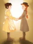  2girls anne_of_green_gables anne_shirley black_hair black_headwear boots bow braid brown_footwear diana_barry dress eye_contact grey_dress hair_bow hat highres holding_hands long_sleeves looking_at_another multiple_girls nukazuke red_bow red_hair yellow_dress 