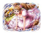  1girl breasts brown_eyes brown_hair charlotte_pudding cleavage collarbone crying crying_with_eyes_open dress earrings english_commentary flower hair_flower hair_ornament jewelry large_breasts long_hair official_art one_piece one_piece_treasure_cruise open_mouth pink_dress pink_flower pink_lips rabiyan_(one_piece) short_sleeves tears third_eye twintails 