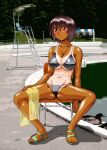  1girl after_sex arm_at_side azumanga_daioh bikini bird black_bikini blush breasts brown_eyes brown_hair chair duck green_footwear hair_between_eyes hand_on_own_thigh holding holding_towel kagura_(azumanga_daioh) ladder large_breasts lifeguard_chair navel non-web_source on_chair one-piece_tan outdoors parted_lips photo_background pool poolside sandals shadow shiny_skin shiny_swimsuit short_hair sitting solo spread_legs sweat swimsuit tan tanlines toes tomboy towel umedama_nabu water wide_spread_legs 