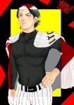  1boy ace_of_diamond baseball_uniform belt black_hair black_shirt character_name hand_on_own_hip highres looking_at_viewer male_focus meat_mint mukai_taiyou shirt shirt_on_shoulders solo sportswear standing toned 