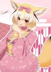  1girl animal_ears blonde_hair blush breasts brown_eyes checkered_sash choker cleavage extra_ears fennec_(kemono_friends) floral_print floral_print_kimono fox_ears fox_tail highres japanese_clothes kemono_friends kimono large_breasts looking_at_viewer multicolored_hair obi open_mouth pink_kimono print_kimono sash shironappa_46 short_hair smile solo tail white_hair wide_sleeves 