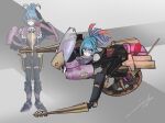  1girl alternate_costume black_bodysuit blue_hair bodysuit commission exoskeleton fire_emblem fire_emblem_heroes highres motor_vehicle motorcycle motorized_unicycle multiple_views ponytail reginn_(fire_emblem) shutwig yellow_eyes 