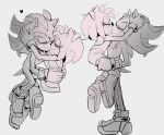  aimyneko amy_rose anthro carrying_another clothing duo embrace eulipotyphlan eyes_closed female footwear gloves handwear heart_symbol hedgehog kiss_on_lips kissing male male/female mammal monochrome sega shadow_the_hedgehog shoes simple_background smile sonic_the_hedgehog_(series) 