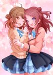  2girls ;d absurdres ahoge blue_ribbon blue_skirt blush brown_hair brown_jacket cardigan double_bun gakuen_idolmaster hair_bun hanami_saki hanami_ume highres hug idolmaster jacket long_hair long_sleeves looking_at_another looking_at_viewer multiple_girls neck_ribbon one_eye_closed pleated_skirt raby_vivid red_eyes ribbon school_uniform siblings single_side_bun sisters skirt smile sparkle two_side_up yellow_cardigan 