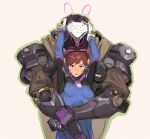  1boy 1girl arms_up blue_bodysuit bodysuit breasts brown_hair closed_mouth couple d.va_(overwatch) facial_mark gloves hands_on_another&#039;s_face headphones hetero hug hug_from_behind humanoid_robot interspecies juangeedraws long_hair looking_ahead looking_at_viewer overwatch overwatch_2 pilot_suit ramattra_(overwatch) robot simple_background size_difference small_breasts smile upper_body whisker_markings white_gloves yellow_background 