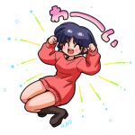  1girl :d bare_legs black_hair black_sports_bra blush bob_cut boots bra bra_peek breasts brown_footwear clenched_hand closed_eyes dress excited fireworks happy jumping open_mouth pink_dress pink_sweater ranma_1/2 signature small_breasts smile sports_bra sweater sweater_dress tendou_akane underwear wanta_(futoshi) 