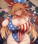  1girl ahoge alternate_costume american_flag american_flag_print american_flag_swimsuit bangs blonde_hair blue_eyes blush breasts english_commentary flag_print gloves hair_between_eyes hat highres huge_breasts iowa_(kancolle) kantai_collection long_hair looking_at_viewer off_shoulder one-piece_swimsuit scarf sidelocks simple_background solo star-shaped_pupils star_(symbol) swimsuit symbol-shaped_pupils top_hat uni_(oni_unicorn) very_long_hair wrist_cuffs yellow_pupils 