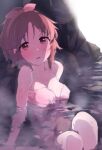  1girl :o abe_nana absurdres blush bow_hairband breasts collarbone commentary_request hairband highres idolmaster idolmaster_cinderella_girls knees_up long_hair looking_at_viewer medium_breasts onsen orange_hair partially_submerged ponytail pov refraction rock sitting solo speech_bubble steam translation_request wet wet_hair woshinon 
