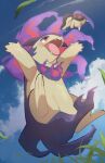  absurdres black_fur blue_sky closed_eyes cloud cyndaquil day fire grass highres hisuian_typhlosion no_humans nullma open_mouth outdoors pokemon pokemon_(creature) purple_fire red_eyes signature sky slit_pupils two-tone_fur yellow_fur 