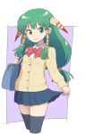  1girl artist_request closed_mouth drawfag feena_(grandia) grandia grandia_i green_eyes green_hair hair_ornament hair_tubes long_hair looking_at_viewer low-tied_long_hair pleated_skirt school_uniform skirt smile solo thighhighs 