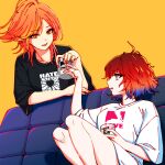  2girls akroglam black_shirt cava_(akroglam) commentary_request couch cup drinking_glass hand_up highres holding holding_cup knees_up long_hair looking_at_another multicolored_hair multiple_girls nail_polish official_art on_couch open_mouth orange_hair profile red_hair red_nails second-party_source shirt short_hair short_sleeves sitting smile spitha t-shirt white_shirt yellow_background 