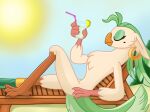  2017 anthro avian beak beverage bird captain_celaeno_(mlp) casual_nudity chair chest_tuft digital_media_(artwork) ear_piercing ear_ring eyelashes eyes_closed eyeshadow feathers female friendship_is_magic fur furniture green_eyeshadow green_feather_hair green_hair green_tail hair hasbro hi_res holding_beverage holding_object justsomepainter11 lying makeup my_little_pony my_little_pony:_the_movie_(2017) nude nude_beach on_back on_model parrot pegleg piercing prosthetic prosthetic_leg prosthetic_limb pseudo_hair public public_nudity relaxing ring_piercing smile solo sun sunbathing tan_body tan_fur text tuft 