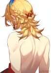  1boy back blonde_hair braid earrings english_commentary feather_hair_ornament feathers from_behind genshin_impact hair_ornament hairclip highres jesse_(pixiv34586727) jewelry kaveh_(genshin_impact) male_focus nude shoulder_blades signature simple_background solo upper_body white_background x_hair_ornament 