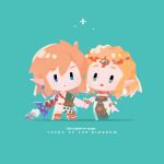  1boy 1girl absurdres ancient_set_(zelda) armlet blonde_hair blue_eyes bracelet chibi commentary copyright_name dress earrings english_commentary green_background green_eyes highres holding holding_hands holding_sword holding_weapon jewelry link looking_at_viewer marina_(mrn9) master_sword necklace pointy_ears princess_zelda short_hair simple_background sleeveless sleeveless_dress sword the_legend_of_zelda the_legend_of_zelda:_tears_of_the_kingdom weapon 