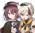  2girls animal_ear_fluff animal_ears arknights bag black_gloves blonde_hair cardigan_(arknights) cardigan_(sunny_day)_(arknights) caterpillar_tracks closed_mouth commentary detached_sleeves dog_ears drop_shadow ears_through_headwear gloves green_hat half_gloves hat heart holding_hands jacket jacket_on_shoulders long_hair long_sleeves looking_at_another looking_at_viewer maguro_kan melantha_(arknights) melantha_(letters_from_wessex)_(arknights) multicolored_hair multiple_girls neckerchief official_alternate_costume open_mouth pink_eyes plaid plaid_jacket purple_eyes purple_hair purple_hat simple_background smile streaked_hair symbol-only_commentary upper_body white_background yellow_neckerchief yuri 