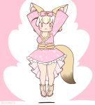  1girl animal_ears arms_up blonde_hair boots coroha extra_ears fennec_(kemono_friends) fox_ears fox_girl fox_tail full_body japanese_clothes japari_symbol jumping kemono_friends kimono looking_at_viewer pink_background ribbon short_hair simple_background solo tail 