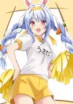  1girl animal_ear_fluff animal_ears blue_hair blush braid carrot carrot_hair_ornament food-themed_hair_ornament gym_uniform hair_ornament hairband hand_on_hip highres hololive long_hair multicolored_hair name_tag open_mouth pom_pom_(cheerleading) puffy_short_sleeves puffy_sleeves rabbit_ears red_eyes sasado_serori shirt short_sleeves shorts smile solo teeth thick_eyebrows twin_braids upper_teeth usada_pekora virtual_youtuber white_hair white_shirt yellow_hairband yellow_shorts 