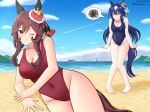  2girls absurdres animal_ears beach blue_eyes blue_hair blue_sky ear_covers gentildonna_(umamusume) heart heart_ear_ornament highleg highres horse_ears horse_girl horse_tail long_hair looking_at_another looking_at_viewer multiple_girls ocean one_eye_closed outdoors red_eyes sky smile subculture_is tail tracen_swimsuit umamusume verxina_(umamusume) 