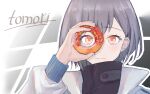  1girl bang_dream! bang_dream!_it&#039;s_mygo!!!!! black_jacket character_name closed_mouth commentary doughnut expressionless food grey_background grey_hair grey_jacket highres holding_doughnut jacket looking_at_viewer looking_through_doughnut mangoshaobing open_clothes open_jacket red_eyes short_hair solo takamatsu_tomori upper_body white_background 