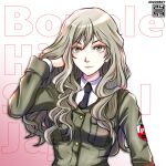  1girl alternate_hairstyle artist_logo background_text black_necktie bonple_(emblem) bonple_military_uniform breast_pocket breasts closed_mouth commentary dated dress_shirt english_text girls_und_panzer girls_und_panzer_ribbon_no_musha gradient gradient_background green_eyes green_jacket hair_down hand_in_own_hair jacket jajka_(girls_und_panzer) light_brown_hair long_hair long_sleeves looking_at_viewer medium_breasts military military_uniform necktie nishi_itsumi pocket shirt smile solo uniform upper_body wavy_hair white_shirt wing_collar 