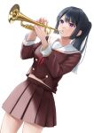  1girl absurdres black_hair brown_shirt brown_skirt hibike!_euphonium high_ponytail highres instrument kitauji_high_school_uniform kousaka_reina long_hair long_sleeves midriff_peek miniskirt mossan_(mossan-777) music neckerchief playing_instrument pleated_skirt purple_eyes red_neckerchief sailor_collar school_uniform serafuku shirt simple_background skirt solo trumpet white_background white_sailor_collar 