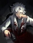  1boy blood blood_on_clothes blue_eyes commentary glasses grey_shirt gun highres holding holding_gun holding_weapon kanou_aogu lab_coat long_sleeves male_focus nan_fu_dian_ci open_clothes open_mouth partially_submerged rectangular_eyewear saibou_shinkyoku shirt short_hair smile solo symbol-only_commentary weapon white_hair 