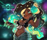  breasts cephalopod cleavage clothed clothing cosmic_background crop_top electronics female green_eyes guide_lines headphones hi_res humanoid marina_(splatoon) marine midriff mollusk nintendo not_furry octarian octoling onimiere pseudo_hair shirt solo splatoon starry_background tentacle_hair tentacles topwear 