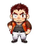  1boy akashi_(live_a_hero) bad_id bad_twitter_id bara clenched_teeth deformed facial_hair full_body goatee live_a_hero long_sideburns looking_at_viewer male_focus muscular muscular_male one_eye_closed oskn_tengoku pants pectorals red_eyes red_hair scar scar_on_face scar_on_nose short_hair sideburns solo straight-on sweatdrop tachi-e teeth thick_eyebrows white_background 