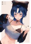  1girl black_bra black_hat black_nails blue_eyes blue_hair blush border bra breasts choker collarbone commentary_request cross cross_choker hat highres hiodoshi_ao hololive hololive_dev_is instagram_username looking_at_viewer medium_hair mr.canaryy navel off_shoulder parted_lips safety_pin shirt simple_background sleeves_past_wrists small_breasts solo striped_sleeves sweat twitter_username underwear upper_body virtual_youtuber white_border white_shirt 