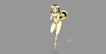  1girl :d alien arms_up bikini boots breasts cleavage clenched_hands cone_horns floating grey_background happy highres horns leg_up long_hair lum medium_breasts monochrome navel open_mouth sidelocks signature smile swimsuit tiger_stripes urusei_yatsura wanta_(futoshi) yellow_theme 