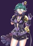  1girl :d bangs bra breasts chest_jewel cleavage glasses gloves green_hair grin highres jacket looking_at_viewer maji_(majibomber) pandoria_(xenoblade) pointy_ears purple_background purple_bra purple_gloves purple_jacket purple_shorts short_hair short_sleeves shorts simple_background smile solo teeth underwear xenoblade_chronicles_(series) xenoblade_chronicles_2 
