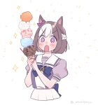  +_+ 1girl :o amakazu_33 animal_ears blue_bow blush bow braid brown_hair commentary_request ear_bow food holding holding_food horse_ears ice_cream ice_cream_cone multicolored_hair open_mouth pleated_skirt puffy_short_sleeves puffy_sleeves purple_bow purple_eyes purple_shirt school_uniform shirt short_sleeves simple_background skirt solo sparkle special_week_(umamusume) too_many too_many_scoops tracen_school_uniform twitter_username two-tone_hair umamusume v-shaped_eyebrows white_background white_hair white_skirt 