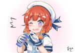  1girl ^^^ akashieru alternate_sleeve_length artist_logo blue_neckerchief blue_sailor_collar bob_cut braid drinking_straw etorofu_(kancolle) gradient_hair hat juice_box kantai_collection multicolored_hair neckerchief one-hour_drawing_challenge one_eye_closed orange_hair purple_eyes red_hair sailor_collar sailor_hat school_uniform serafuku shirt short_hair short_sleeves side_braid solo thick_eyebrows twin_braids white_hat white_shirt 