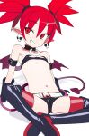  1girl absurdres bare_shoulders boots choker demon_girl demon_tail demon_wings disgaea earrings etna_(disgaea) flat_chest grin highres jewelry jiryu50610218 looking_to_the_side navel o-ring o-ring_choker pointy_ears red_eyes red_hair short_shorts shorts sitting skull_earrings smile solo tail teeth thigh_boots twintails wings 
