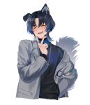  1girl absurdres animal_ears blue_eyes blue_hair blue_shirt blue_sweater closed_eyes collared_shirt cropped_torso dark_blue_hair dog_ears dog_tail facing_viewer grey_jacket hand_in_pocket highres hiodoshi_ao hololive hololive_dev_is jacket jewelry kemonomimi_mode ktea long_sleeves mole mole_under_eye nail_polish necklace off_shoulder open_clothes open_jacket open_mouth ring shirt short_hair simple_background smile solo sweater tail teeth upper_body upper_teeth_only v virtual_youtuber white_background 