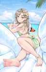  1girl absurdres bare_arms bare_legs barefoot beach beifeng_han bikini breasts day feet flower green_bikini green_eyes grey_hair hair_flower hair_ornament highres long_hair looking_at_viewer ocean original smile soles swimsuit toes 
