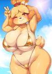  absurd_res animal_crossing anthro bikini biped boingfarm breasts canid canine canis clothed clothing domestic_dog female fur gesture gold_bikini golden_week hand_gesture hi_res isabelle_(animal_crossing) looking_at_viewer mammal nintendo one_eye_closed shih_tzu smile solo swimwear toy_dog v_sign wink yellow_body 