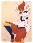  ambiguous_gender anthro biped cinderace fur generation_8_pokemon nintendo orange_eyes pokemon pokemon_(species) red_body red_fur short_tail smile solo tail toxicmilkyx white_body white_fur 