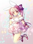  1girl :3 animal_ears back_bow bangs bare_shoulders bow bowtie breasts cleavage detached_sleeves di_gi_charat dice_hair_ornament floating frilled_skirt frills full_body gradient gradient_background hair_bow hair_ornament heart highres koge_donbo large_breasts long_hair looking_at_viewer pink_bow pink_hair pink_skirt puffy_short_sleeves puffy_sleeves rabbit_ears rabbit_girl red_bow red_eyes red_ribbon ribbon shirt short_sleeves skirt socks solo sparkle strappy_heels suspender_skirt suspenders twintails usada_hikaru white_shirt white_socks wrist_ribbon 