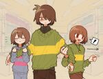  ! 3others :d :| =_= absurdres androgynous arm_grab arrow_(symbol) blue_sweater blunt_bangs brown_hair brown_pants chara_(undertale) child closed_eyes closed_mouth cowboy_shot deltarune expressionless facing_viewer frisk_(undertale) green_sweater hair_over_one_eye heart_pendant highres kris_(deltarune) long_sleeves multiple_others no_nose notice_lines one_eye_covered open_mouth other_focus pants pointing red_eyes shaded_face short_bangs short_hair smile spoken_exclamation_mark standing sweater tadeno undertale 