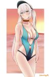  1girl absurdres arcadeshoujo blue_eyes breasts cleavage cowboy_shot girls&#039;_frontline girls&#039;_frontline_neural_cloud highres lam_(holiday_angler)_(neural_cloud) lam_(neural_cloud) lwmmg_(girls&#039;_frontline) multicolored_hair official_alternate_costume one-piece_swimsuit plunging_neckline solo standing swimsuit visor_cap 
