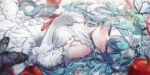  1girl apple bad_link bare_shoulders blue_eyes blue_hair blush bug butterfly food fruit gloves hair_ribbon hatsune_miku highres jewelry kirisaki_shuusei long_hair looking_at_viewer ribbon solo twintails upper_body very_long_hair vocaloid 