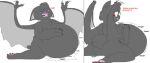  bat belly big_belly black_text bloated blush blush_lines bodily_fluids butt butt_expansion expansion eyes_closed gigibatchilla mammal motion_lines onomatopoeia pink_blush red_eyes red_text rico_(gigibatchilla) sound_effects sweat swelling text unavailable_at_source 