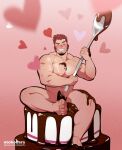  1boy akashi_(live_a_hero) bara blush cake chocolate chocolate_on_body chocolate_on_pectorals chocolate_penis completely_nude facial_hair facing_viewer flexing_pectorals food food_on_body full_body goatee grin happy heart heart_background highres holding holding_spoon large_pectorals layer_cake live_a_hero long_sideburns male_focus mini_person miniboy muscular muscular_male nipples nude otokobara oversized_object pectoral_press pectorals penis_rest pink_background red_eyes red_hair scar scar_on_face scar_on_nose short_hair sideburns smile solo sparse_navel_hair spoon thick_eyebrows thick_thighs thighs valentine 